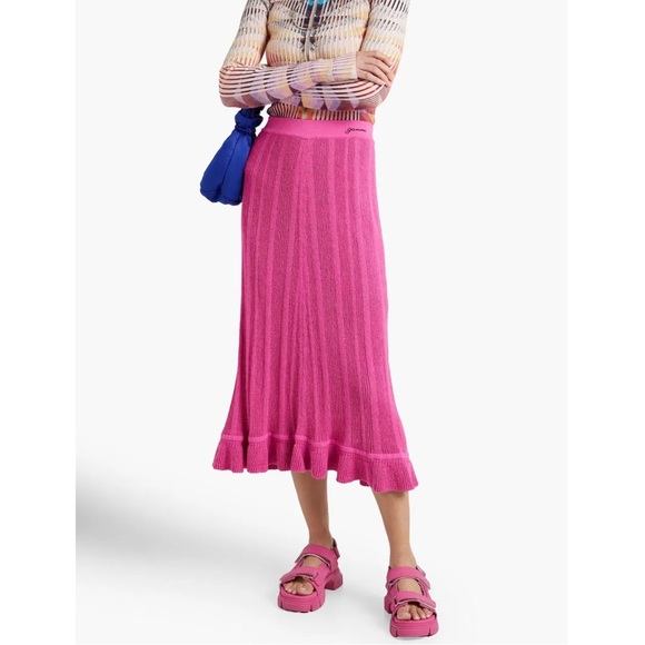 Ganni Dresses & Skirts - Ganni Ruffle Knit Midi Skirt Size M Women Preppy Linen Blend Pull On In Pink